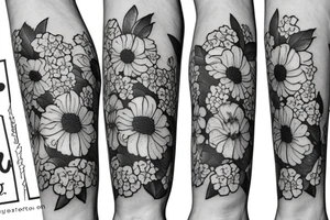 Blue hydrangeas and Sunflowers surrounding "I hope you only walk on the path with flowers" tattoo idea