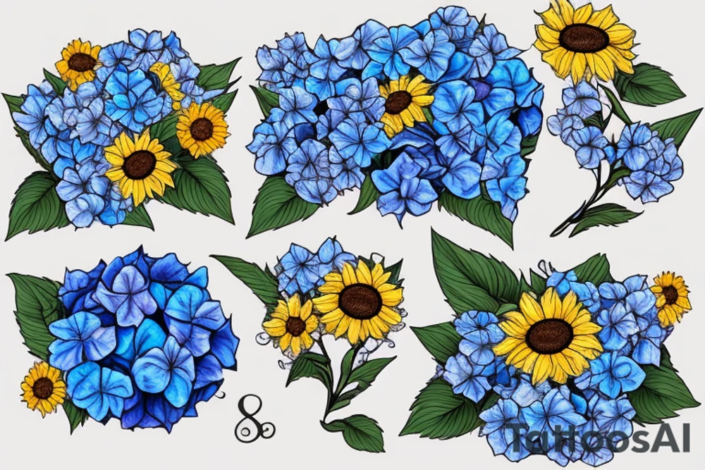 Blue hydrangeas and Sunflowers surrounding "I hope you only walk on the path with flowers" tattoo idea