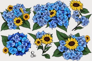 Blue hydrangeas and Sunflowers surrounding "I hope you only walk on the path with flowers" tattoo idea