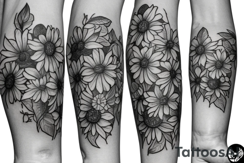 Blue hydrangeas and Sunflowers tattoo idea