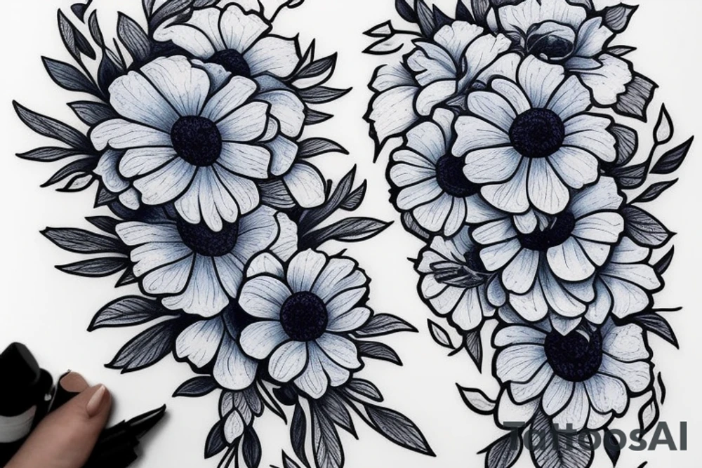 Blue hydrangeas and Sunflowers tattoo idea
