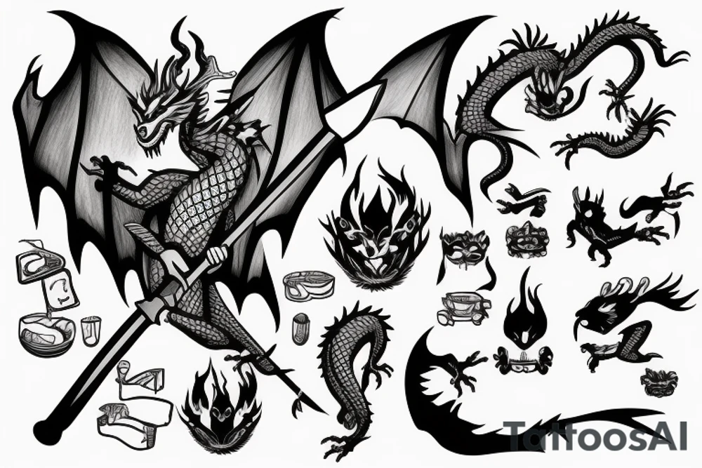 A dragon with kind eyes fighting with villagers with pitchforks attacking him tattoo idea