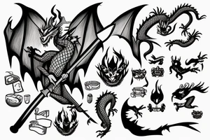 A dragon with kind eyes fighting with villagers with pitchforks attacking him tattoo idea
