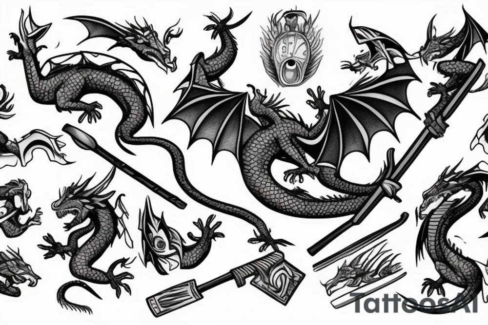 A dragon with kind eyes fighting with villagers with pitchforks attacking him tattoo idea
