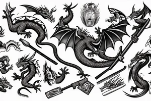 A dragon with kind eyes fighting with villagers with pitchforks attacking him tattoo idea
