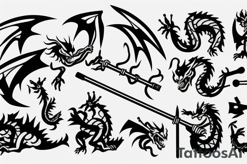 A dragon with kind eyes fighting with villagers with pitchforks attacking him tattoo idea