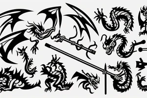 A dragon with kind eyes fighting with villagers with pitchforks attacking him tattoo idea