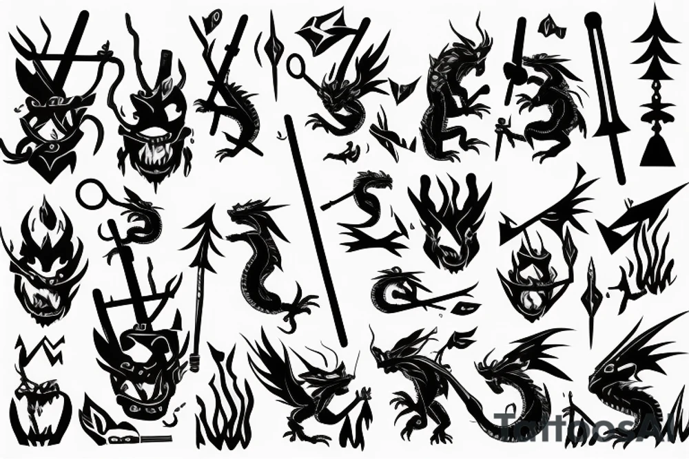 A dragon with kind eyes fighting with villagers with pitchforks attacking him tattoo idea