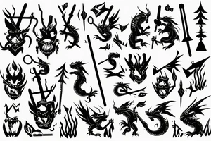 A dragon with kind eyes fighting with villagers with pitchforks attacking him tattoo idea