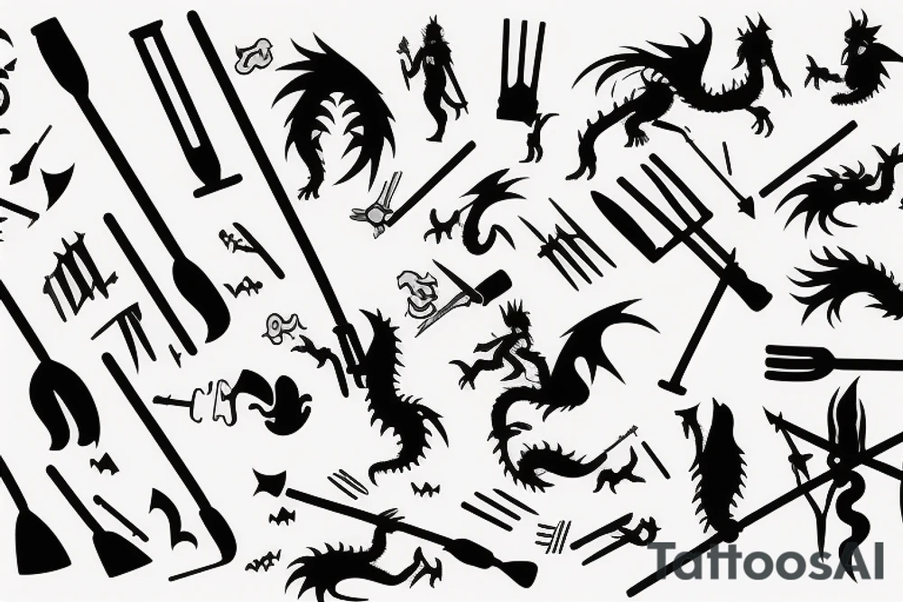 A dragon fighting against villagers with pitchforks attacking him tattoo idea