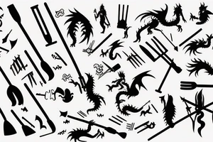 A dragon fighting against villagers with pitchforks attacking him tattoo idea