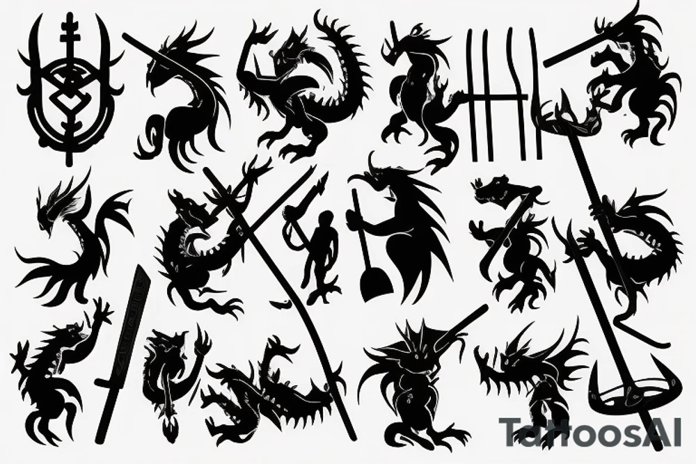 A dragon fighting against villagers with pitchforks attacking him tattoo idea