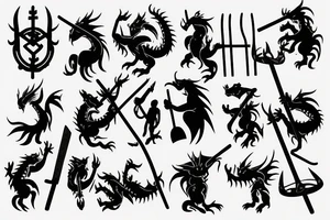 A dragon fighting against villagers with pitchforks attacking him tattoo idea