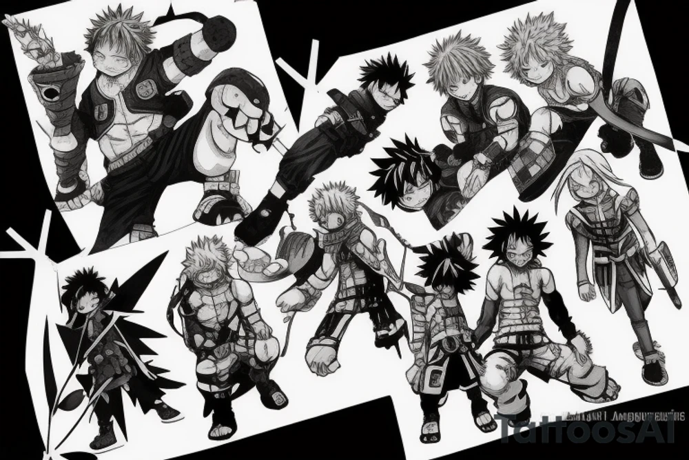 Deku from My Hero Academia, Naruto in Baryon Form, Thorfinn from Vinland Saga, Natsu Dragneel from Fairy Tail, Eren Yeager from Attack on Titans, David Martinez from Cyberpunk Edgerunners. tattoo idea