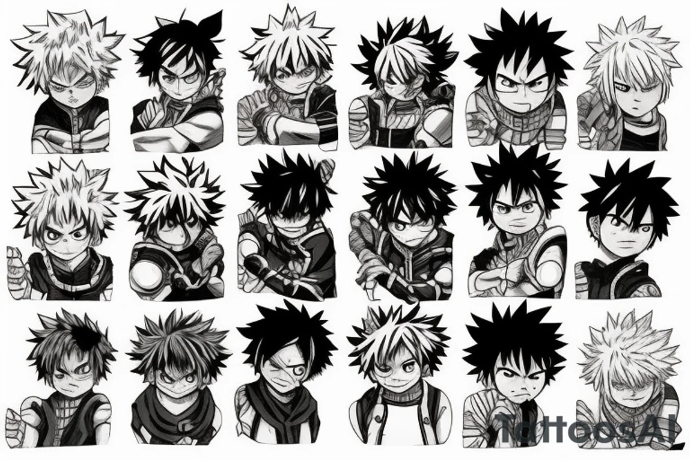 Deku from My Hero Academia, Naruto in Baryon Form, Thorfinn from Vinland Saga, Natsu Dragneel from Fairy Tail, Eren Yeager from Attack on Titans, David Martinez from Cyberpunk Edgerunners sleeve tattoo idea