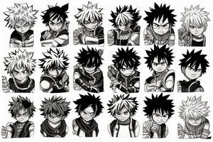 Deku from My Hero Academia, Naruto in Baryon Form, Thorfinn from Vinland Saga, Natsu Dragneel from Fairy Tail, Eren Yeager from Attack on Titans, David Martinez from Cyberpunk Edgerunners sleeve tattoo idea