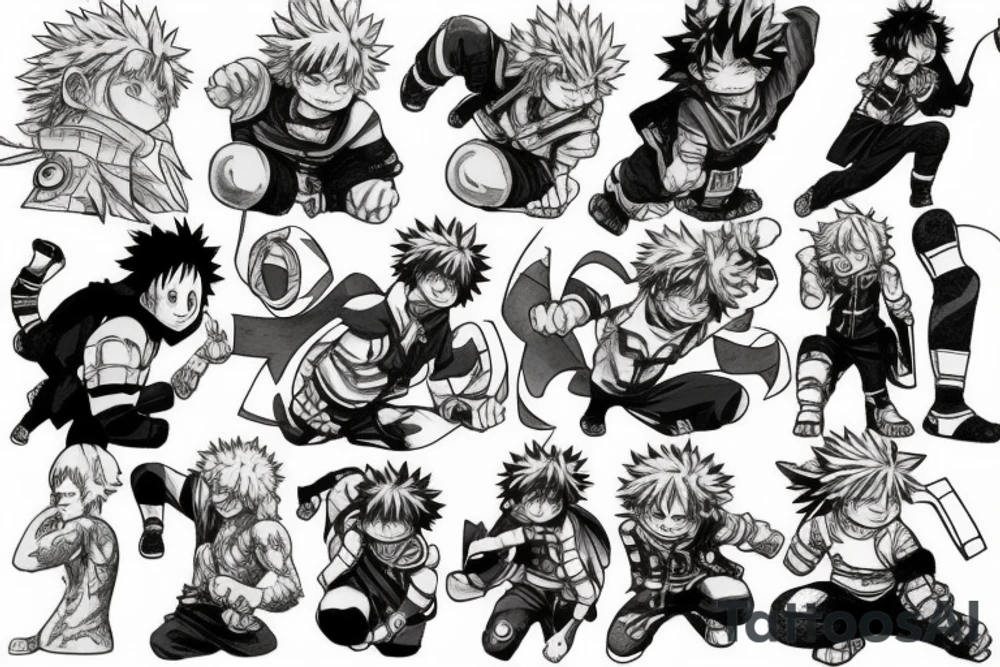 Deku from My Hero Academia, Naruto in Baryon Form, Thorfinn from Vinland Saga, Natsu Dragneel from Fairy Tail, Eren Yeager from Attack on Titans, David Martinez from Cyberpunk Edgerunners sleeve tattoo idea