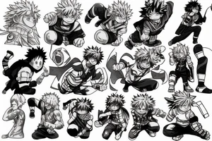 Deku from My Hero Academia, Naruto in Baryon Form, Thorfinn from Vinland Saga, Natsu Dragneel from Fairy Tail, Eren Yeager from Attack on Titans, David Martinez from Cyberpunk Edgerunners sleeve tattoo idea