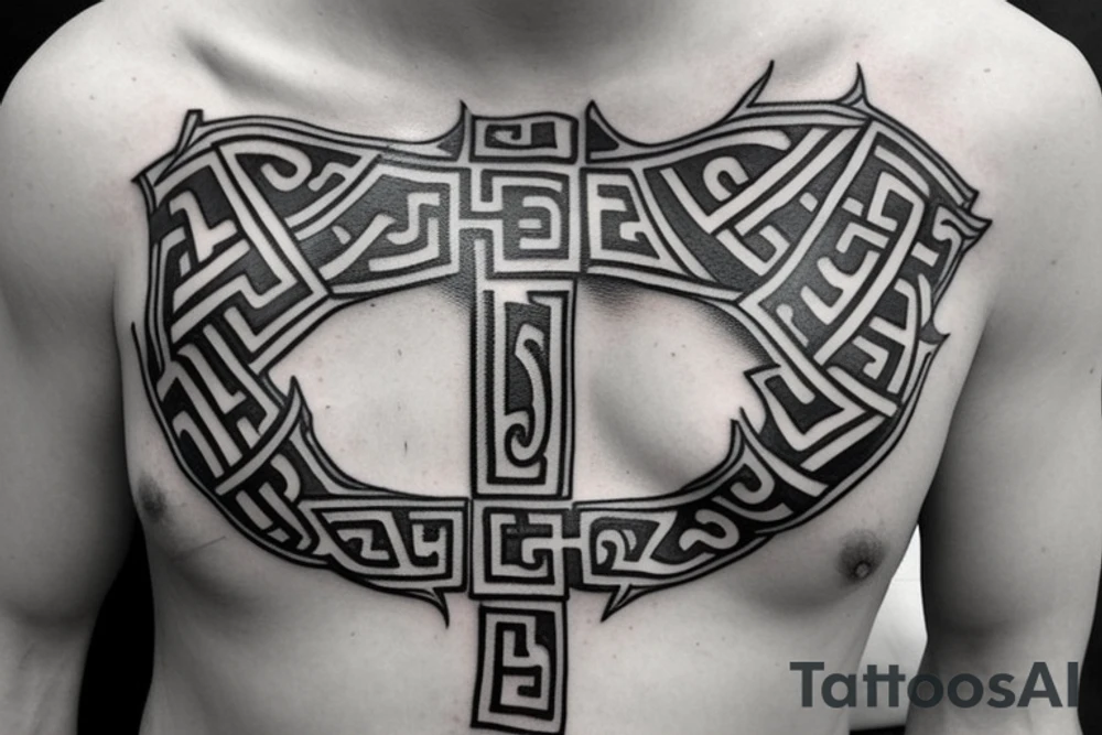 greek themed chest piece with cross on left side, incorporating ancient greek tattoo idea