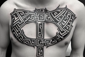 greek themed chest piece with cross on left side, incorporating ancient greek tattoo idea