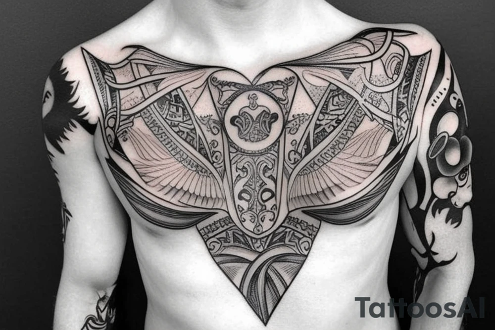 greek themed chest piece covering whole of chest tattoo idea