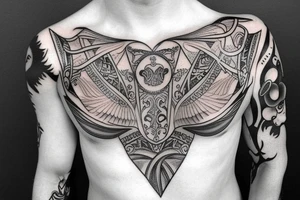 greek themed chest piece covering whole of chest tattoo idea