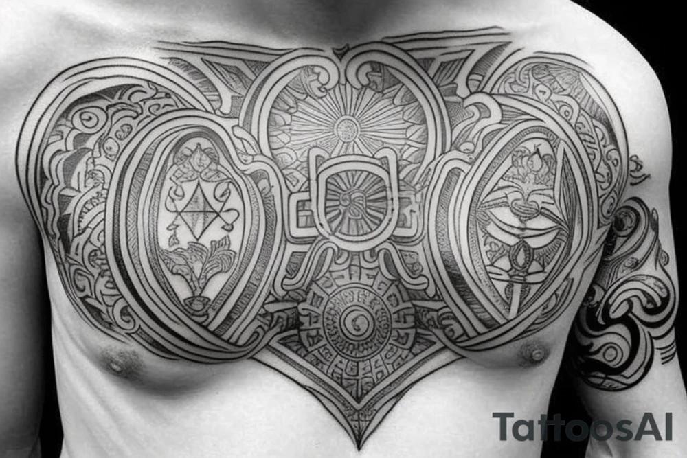 greek themed chest piece covering whole of chest tattoo idea