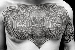 greek themed chest piece covering whole of chest tattoo idea