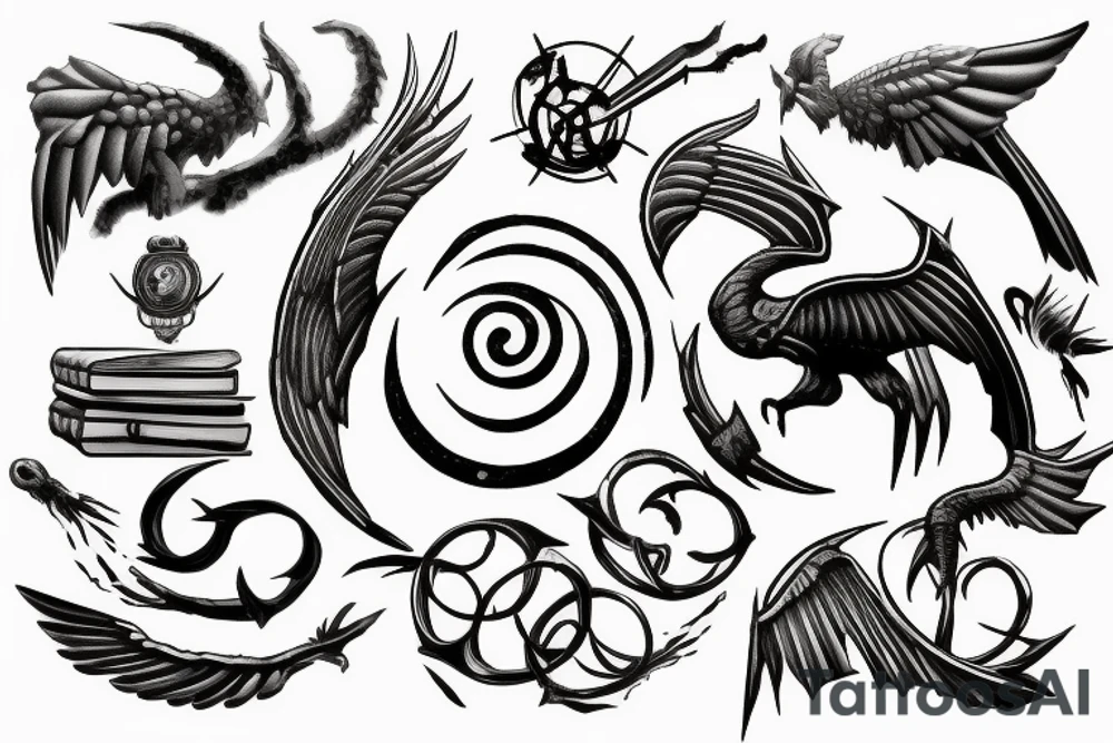 Symbols coming out of a book, name of the wind, hunger games, Harry Potter, mistborn, lightbringer tattoo idea