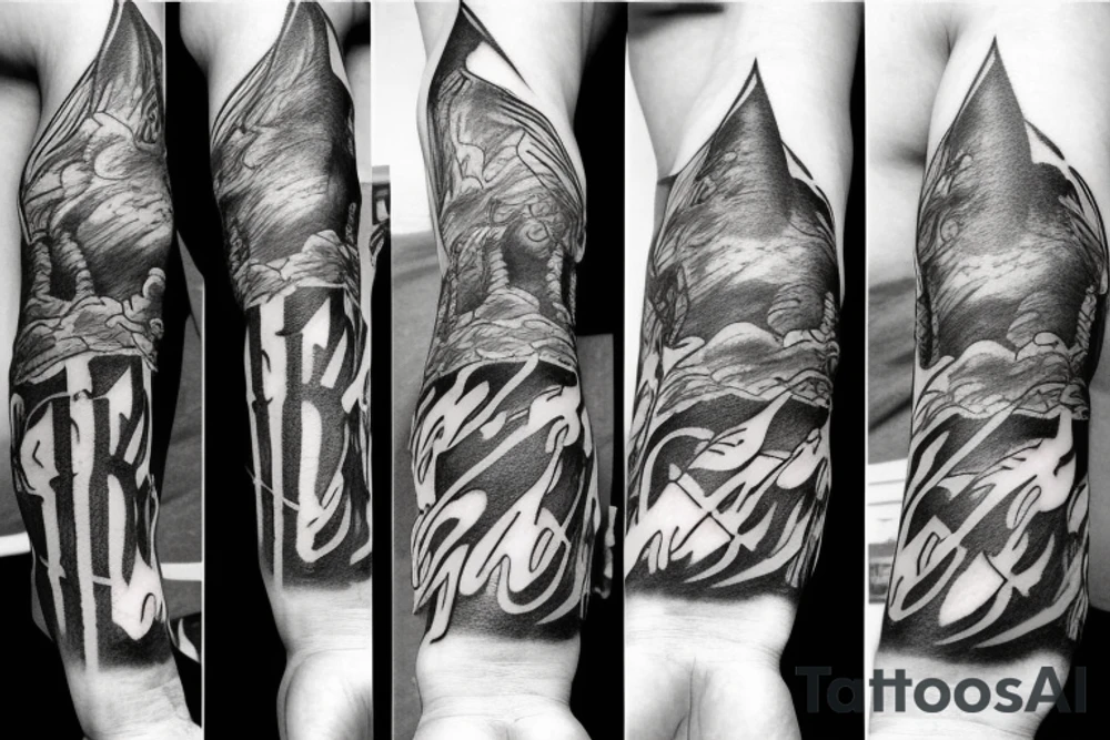 fear god on forearm with clouds and cross with light beams tattoo idea