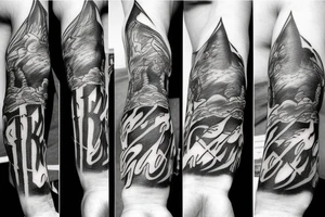 fear god on forearm with clouds and cross with light beams tattoo idea