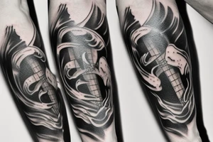 fear god on forearm with clouds and cross with light beams tattoo idea