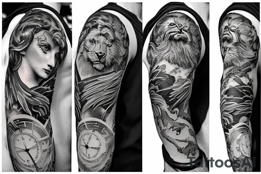 Greek God with a clock and a lion and a harpy eagle tattoo idea