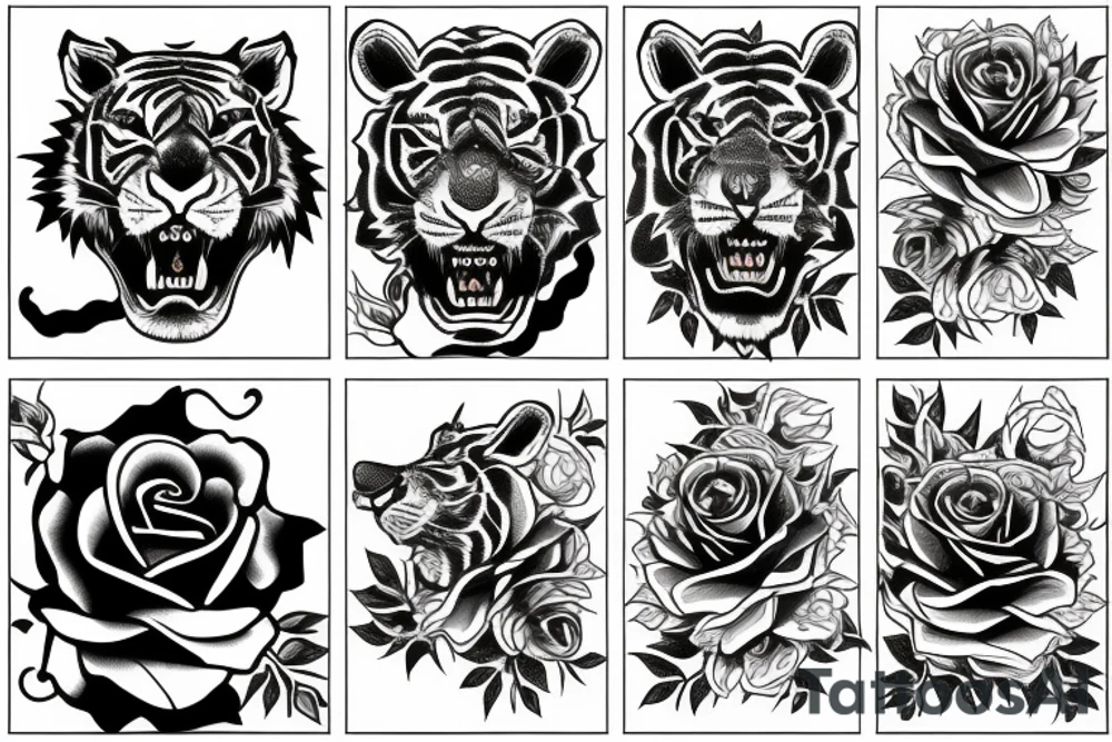 roaring tiger on fire with roses tattoo idea