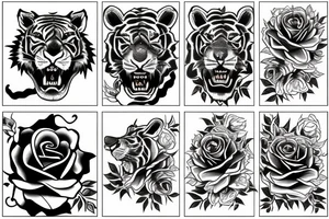 roaring tiger on fire with roses tattoo idea