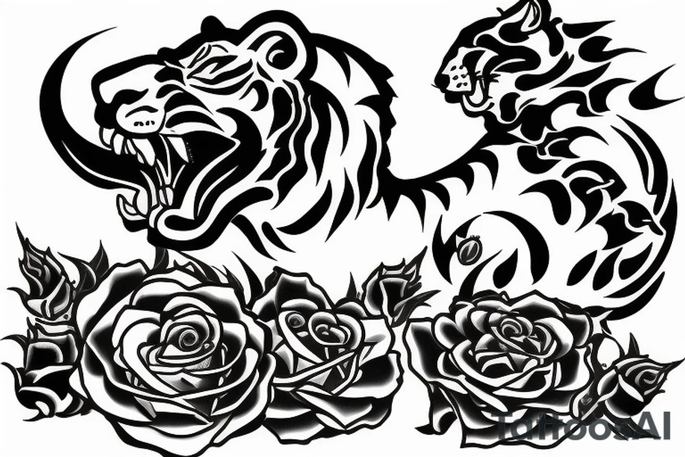 roaring tiger on fire with roses tattoo idea