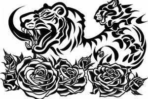 roaring tiger on fire with roses tattoo idea