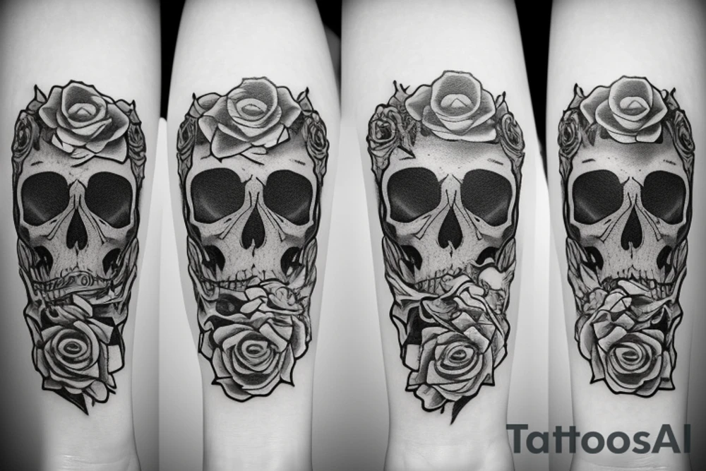 skull on fire with roses tattoo idea