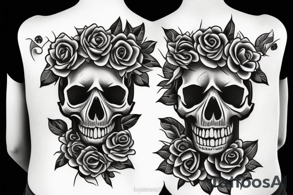 skull on fire with roses tattoo idea