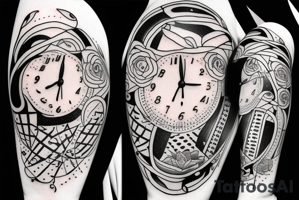 Woman going on the lifetime in the space, with clock in hand tattoo idea