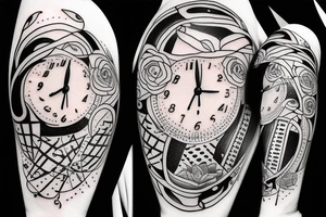 Woman going on the lifetime in the space, with clock in hand tattoo idea