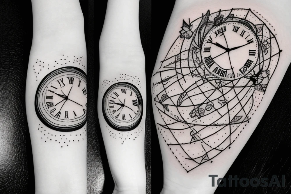 Woman going on the lifetime in the space, with clock in hand tattoo idea