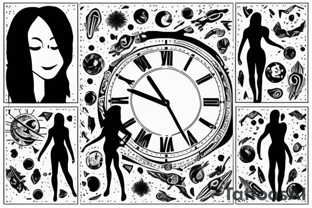 Woman going on the lifetime in the space, with clock in hand tattoo idea