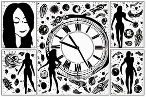 Woman going on the lifetime in the space, with clock in hand tattoo idea