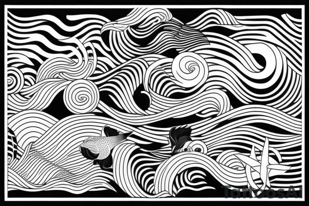 waves, japan,, geometry, black white tattoo idea