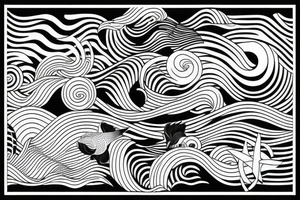 waves, japan,, geometry, black white tattoo idea