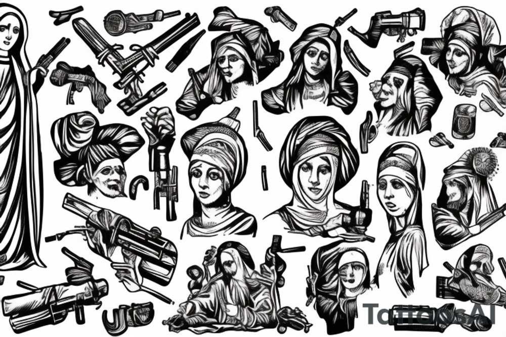 Virgin Mary, old English text saying kahlierah, bandanna, smoke, guns, hiphop, religious, gang tattoo idea