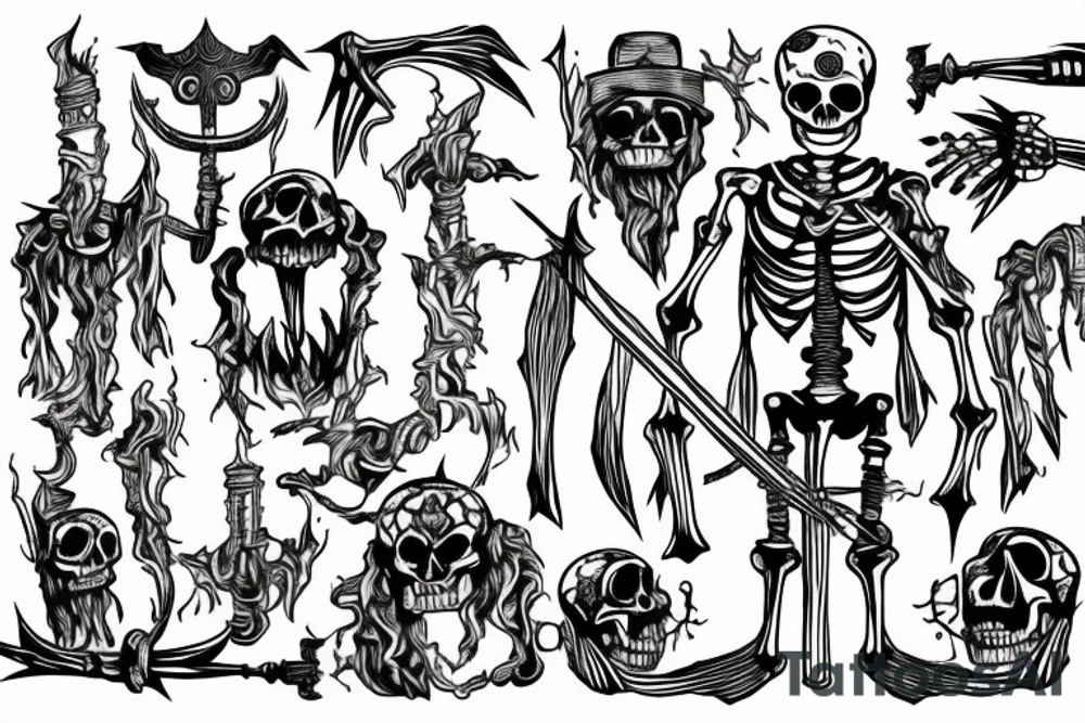 A skeleton standing upright holding a burning torch. Several swords are piercing through his body and limbs. tattoo idea