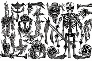 A skeleton standing upright holding a burning torch. Several swords are piercing through his body and limbs. tattoo idea