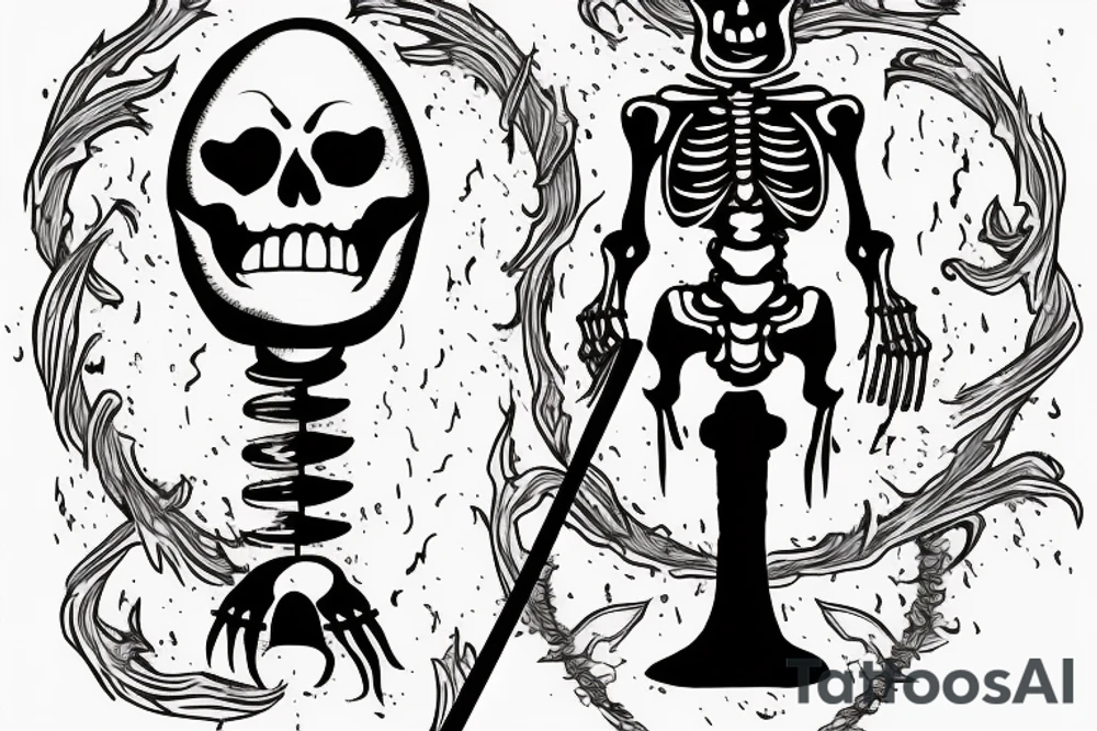 A skeleton standing upright holding a burning torch. Several swords are piercing through his body and limbs. tattoo idea